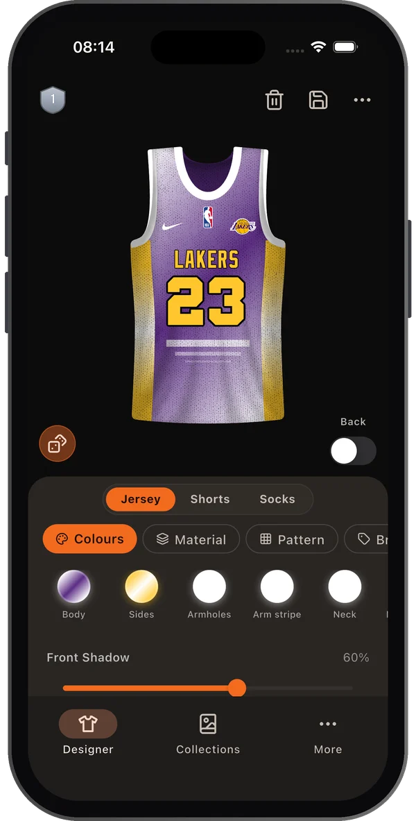 Basketball jersey designer app showing a purple and gold LAKERS 23 jersey in the Colours tab