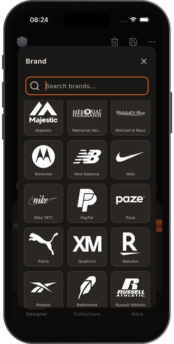 Brand picker with Majestic, Nike, New Balance, Puma and Reebok sportswear logos